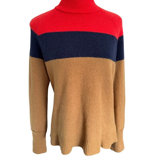 J.Crew Colorblock Turtleneck Sweater Supersoft Yarn Wool Red Navy Caramel SZ M - Picture 3 of 9